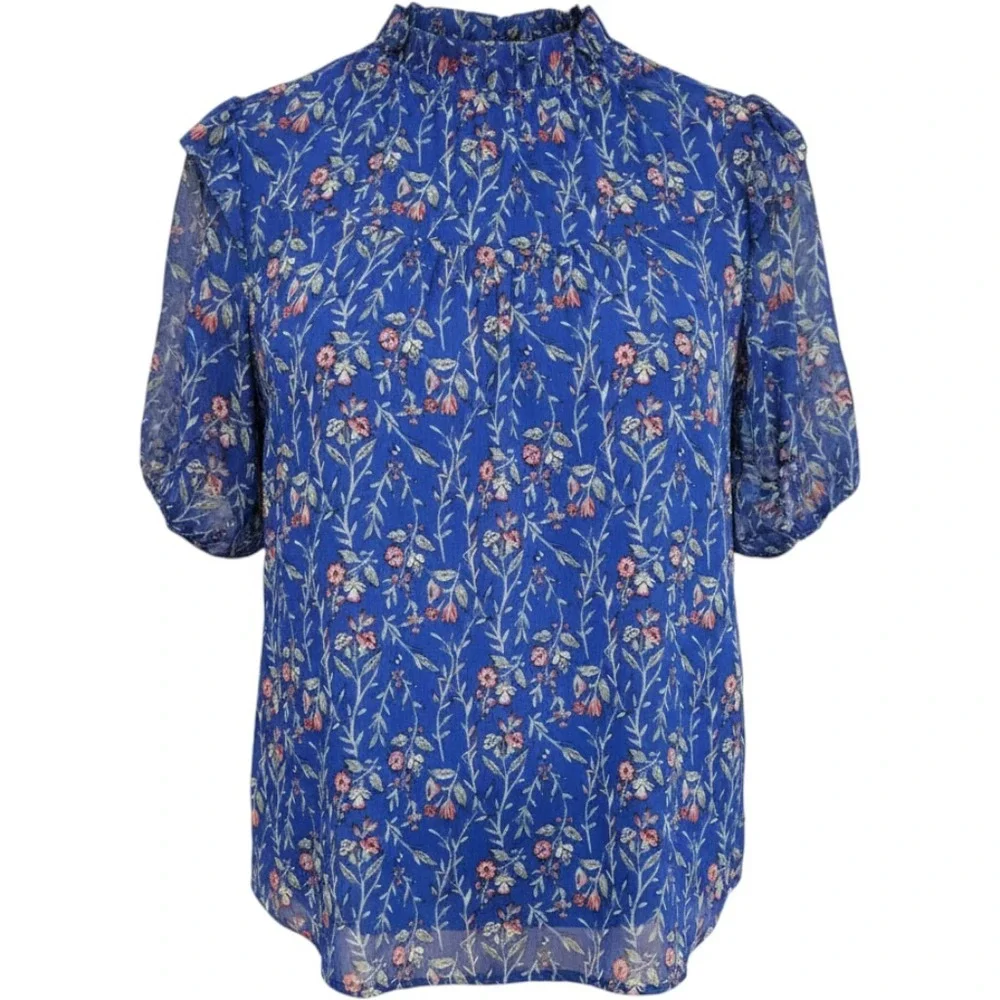 LOFT Blue Floral Mock Neck Ruffle Shoulder Short Puff Sleeve Blouse Womens M